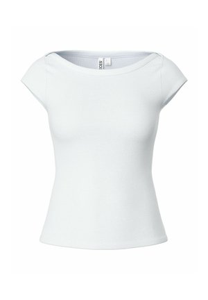 Witte aansluitende dames top met korte mouwen, brede ronde halslijn en geribbelde textuur, weergegeven op een witte achtergrond.