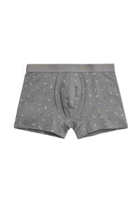 Boxer ajustados grises para hombres con un patrón de pequeñas herramientas multicolores y una cintura elástica de marca.