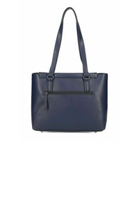 Marineblaue Leder Tote Bag mit doppelten Griffen, einem Reißverschluss-Vor pocket, glatter Textur und minimalem Hardware, ausgestattet mit einer strukturierten rechteckigen Form.