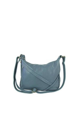 Mittelgroße blaue Leder-Umhängetasche mit verstellbarem Riemen und minimalen Metallbeschlägen vor weißem Hintergrund.