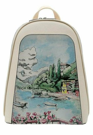Cream-colored backpack with a curved top, featuring a watercolor landscape design of a lakeside scene with buildings and flowers.