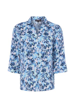 Hemd mit Knopfleiste, Kragen und dreiviertel Ärmeln, mit einem Blumenmuster in Blau, Navy und Hellrosa auf weißem Hintergrund.