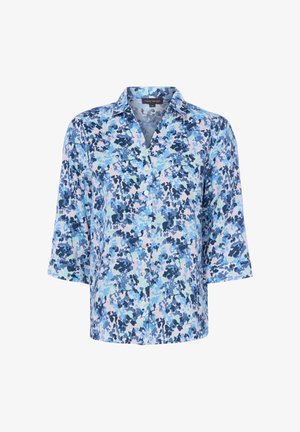 Button-up shirt with collar and three-quarter sleeves, featuring a blue, navy, and light pink floral pattern on white background.