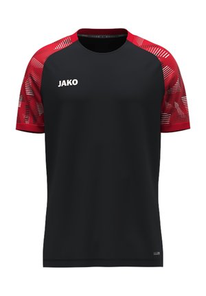 Maglietta sportiva nera con maniche corte rosse a motivo e collo rotondo, con il logo bianco JAKO sul petto.