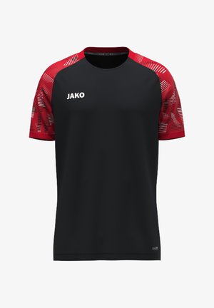 Zwart sport-T-shirt met rode patroon korte mouwen en een ronde hals, met het witte JAKO-logo op de borst.