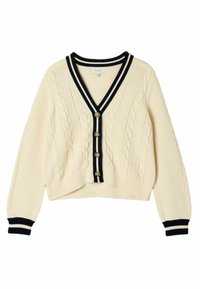 Kreemikaabiga kaelus, sügava V-kaelusega, mustade triipudega ääristatud, kuldsete nööpidega ja lühendatud pikkusega. Struktuurne kangas, millel on soonikvarrukad.