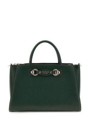 Borsa a tracolla sintetica verde con design strutturato, doppio manico e dettagli in metallo. Presenta una placca con logo sul davanti e chiusura con zip.