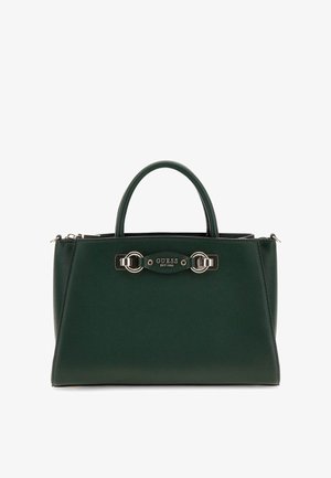 Grüne synthetische Handtasche mit strukturiertem Design, doppelten Griffen und metallenen Hardware-Details. Mit Logo-Plakette auf der Vorderseite und Reißverschluss.
