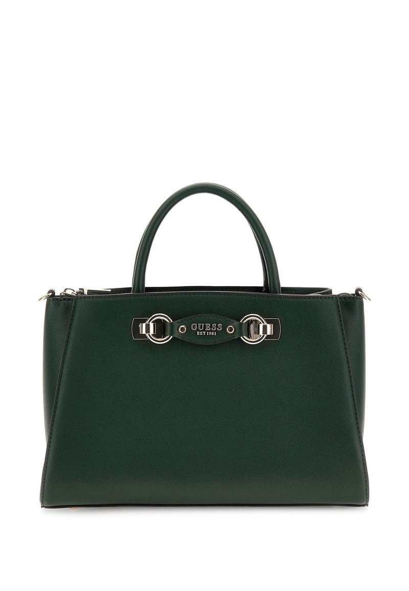 Borsa a tracolla sintetica verde con design strutturato, doppio manico e dettagli in metallo. Presenta una placca con logo sul davanti e chiusura con zip.