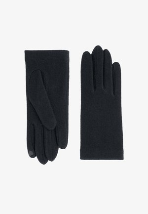 Une paire de gants en laine noire, l'un avec la paume vers le bas, l'autre avec le dos vers le haut, avec une extrémité compatible avec les écrans tactiles au bout de l'index.