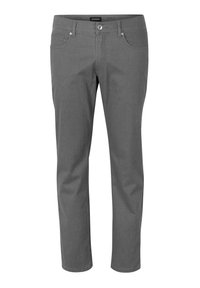 Graue Baumwollmischungshose mit geradem Bein, fünf Taschen und vorderem Knopfverschluss. Mit subtiler Textur und strapazierfähiger Naht.