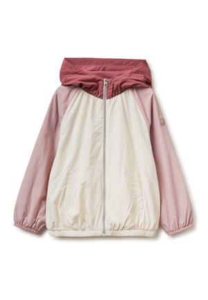 Lichtbeige en roze capuchonjack met een ritssluiting aan de voorkant, elastische manchetten en zoom, en zijzakken, getoond op een witte achtergrond.