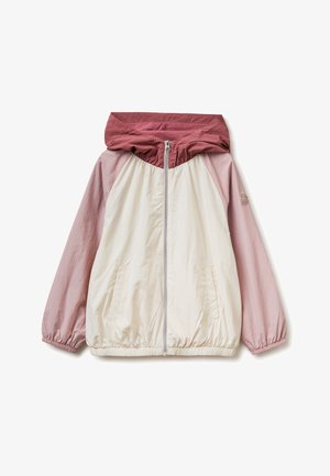 Lichtbeige en roze capuchonjack met een ritssluiting aan de voorkant, elastische manchetten en zoom, en zijzakken, getoond op een witte achtergrond.