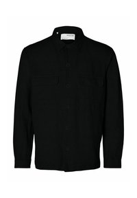 Juodas ilgomis rankovėmis mygtukinis marškinys, pagamintas iš tekstūruotos medžiagos. Yra dvi krūtinės kišenės ir klasikinis apykaklė. Paprastas dizainas su tamsiais mygtukais.