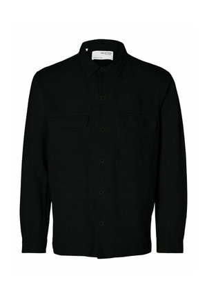 Fekete, hosszú ujjú, gombos ing, texturált anyagból készült. Két mellzsebe van, és klasszikus gallérral rendelkezik. Egyszerű dizájn, sötét gombokkal.