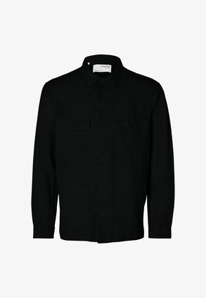 Fekete, hosszú ujjú, gombos ing, texturált anyagból készült. Két mellzsebe van, és klasszikus gallérral rendelkezik. Egyszerű dizájn, sötét gombokkal.