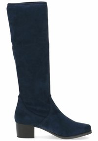 Stivali in suède blu navy al ginocchio con una texture liscia, una silhouette aderente e un tacco a blocco. Presentano dettagli di cucitura subtle lungo il lato.