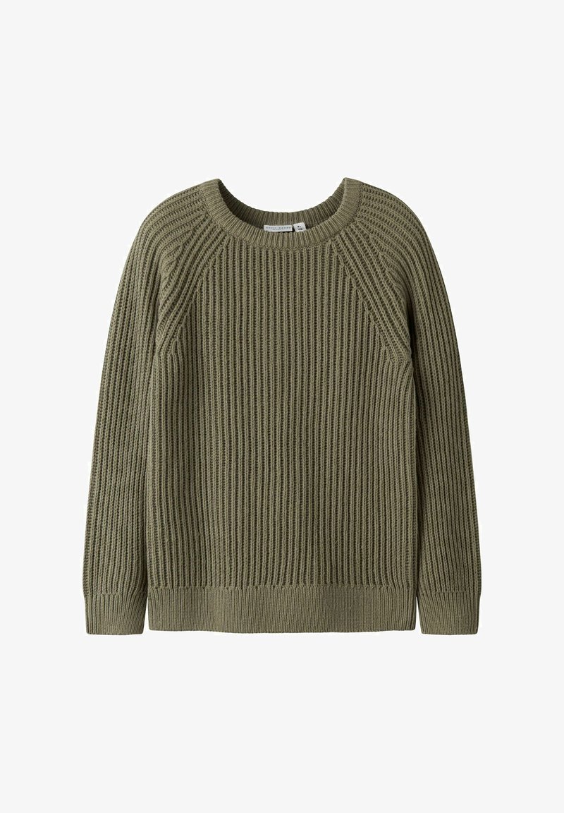 Olivgrüner, gerippter Strickpullover mit langen Ärmeln, rundem Ausschnitt und engen Bündchen sowie Saum. Strukturmuster über den gesamten Stoff.