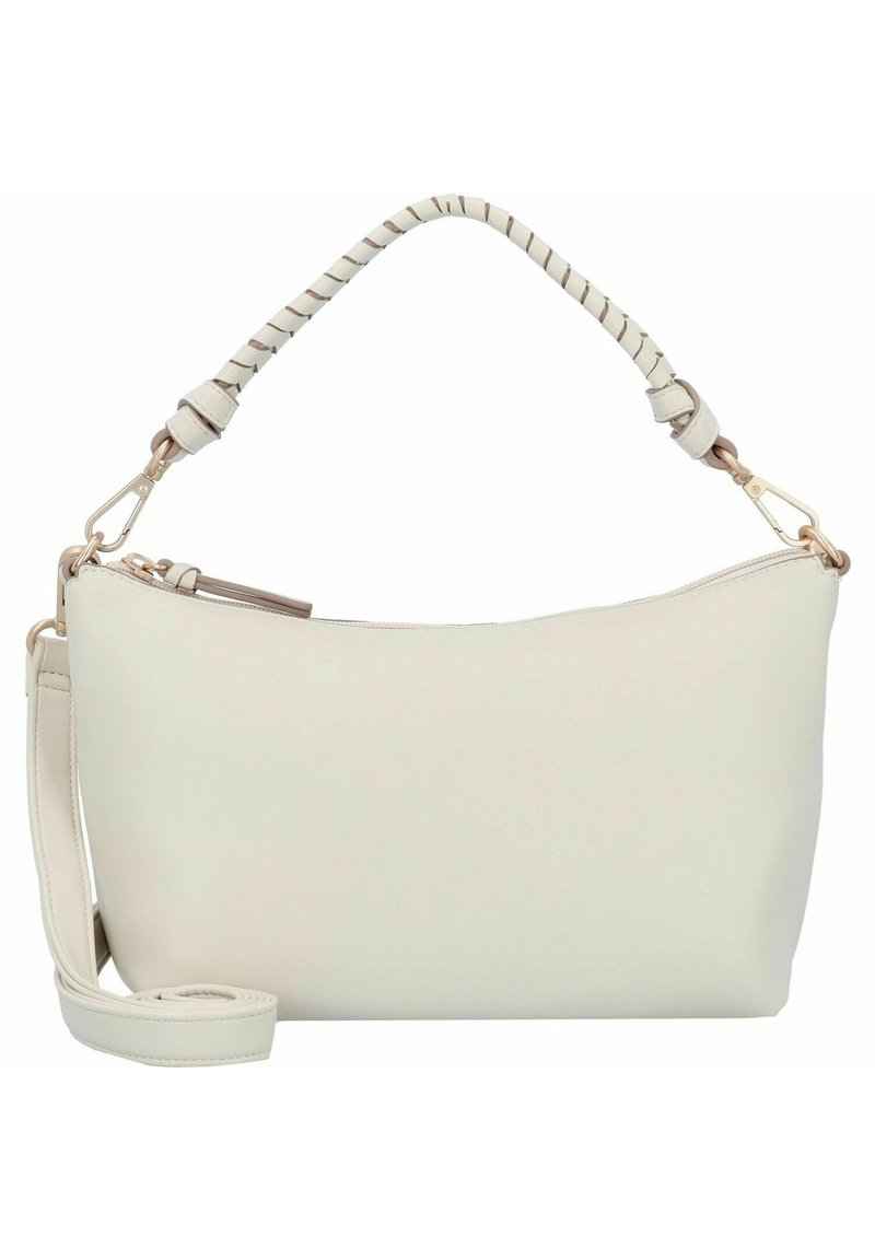 Borsa a tracolla in pelle beige chiaro con silhouette curva, dotata di manico superiore intrecciato, tracolla removibile e finiture in tono oro.