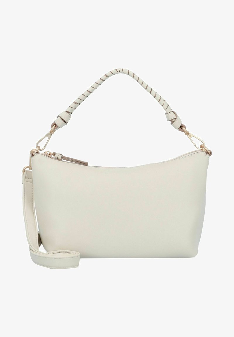 Borsa a tracolla in pelle beige chiaro con silhouette curva, dotata di manico superiore intrecciato, tracolla removibile e finiture in tono oro.