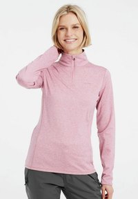 Pullover rosa chiaro a maniche lunghe con colletto a mezza zip, realizzato in un tessuto traspirante, caratterizzato da una sottile texture melange.