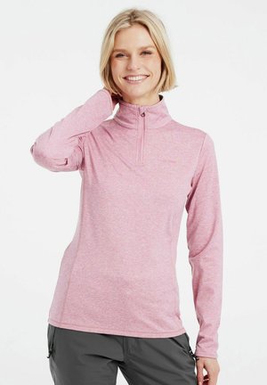 Heller rosa Langarmpullover mit halbem Reißverschlusskragen, aus feuchtigkeitsableitendem Material, mit einer subtilen melierten Textur.