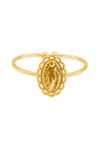Goldfarbener Ring mit einer ovalen Medaille, die eine religiöse Figur zeigt, umgeben von einem strukturierten, verdrehten Seil-Design.