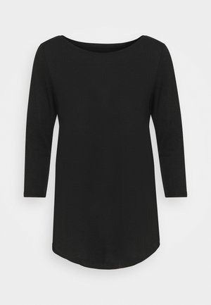 Black long-sleeve tunic top with a scoop neckline and slightly rounded hem, displayed on a plain light gray background.