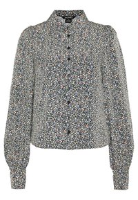 Floral blouse with a black background, featuring small blue and pink flowers, a pointed collar, and long, puffed sleeves. Six button front.
