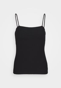 Zwart ribgebreid hemdje met dunne bandjes en een aansluitend ontwerp. Soepele textuur, eenvoudige silhouet, en geen zichtbare patronen of metalen details.