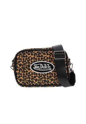 Sac bandoulière rectangulaire avec motif léopard, sangle noire réglable et écusson logo blanc "Von Dutch" sur le devant.