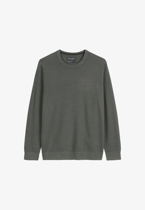 Long-sleeve, dark green knit sweater with crew neck and ribbed cuffs and hem, labeled Marc O’Polo organic cotton.