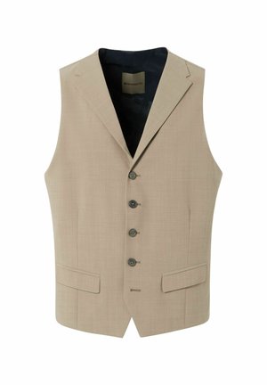 Gilet beige avec un tissu texturé, revers crantés, fermeture à cinq boutons et deux poches avant. Doublé avec un matériau à motif sombre.