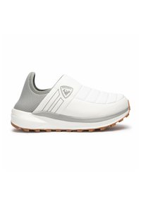 Scarpe bianche slip-on con tomaia imbottita, dettagli grigi, tacco testurizzato e suola in gomma con motivo di trazione. Logo Rossignol in evidenza.