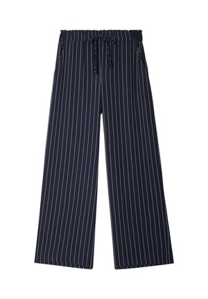 Pantalon large bleu marine avec fines rayures blanches verticales, taille élastique et fermeture à cordon.