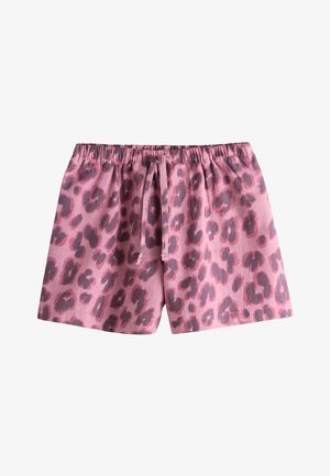 Roze short met elastische taille, donkerpaarse luipaardprint en een koordsluiting aan de voorkant.