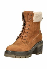 Bruine leren enkellaarsjes met een faux fur boord, vetersluiting aan de voorkant en een blokhak. Getextureerde zool met ribbels en gegraveerde merknaam.