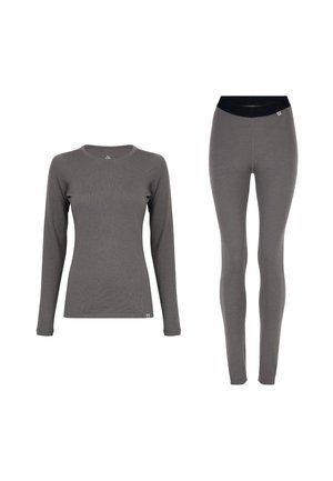 Grijs langmouwtop en bijpassende leggings gemaakt van zacht, rekbaar materiaal. De top heeft een ronde halslijn. De leggings hebben een zwarte tailleband.