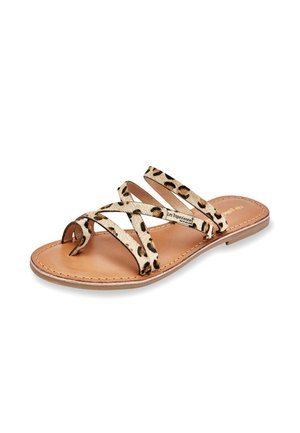 Sandalias planas con estampado de leopardo, cuatro tiras cruzadas, suelas de cuero y base beige. Presenta una pequeña etiqueta cerca de las tiras.