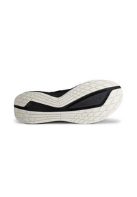 Semelle de chaussure noire avec une semelle extérieure en caoutchouc blanc texturé. Comprend une partie supérieure lisse et un motif en zigzag distinct sur la bande de roulement.
