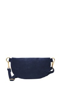 Sac à bandoulière en suede navy de forme arrondie, avec des accents en métal doré et une bandoulière réglable. Texture lisse et design minimaliste.