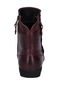Kaštanově hnědá kotníková bota z kůže s kulatou špičkou, dvojitým bočním zipem a malým černým podpatkem. Hladká textura s mírně lesklým povrchem.