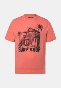 Koralfarvet bomulds t-shirt med en sort grafisk tryk af en surf butik med palmer og surfbrætter. Rund hals; korte ærmer; afslappet pasform.