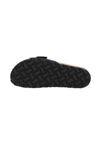 Black sole with intricate tread pattern, featuring a durable, textured surface. The side shows a light brown midsole for added contrast.