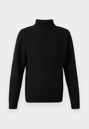 Zwarte gebreide trui met een hoge mock neck, ribbelstructuur en lange mouwen. De pasvorm is relaxed, met een rechte zoom aan de onderkant.
