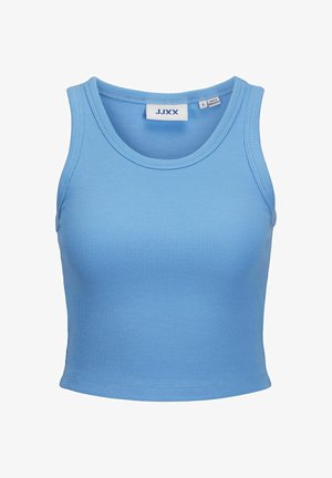 Hellblau geripptes Crop-Top mit rundem Halsausschnitt und breiten Trägern. Mit einem Markenlabel innen im Kragen.
