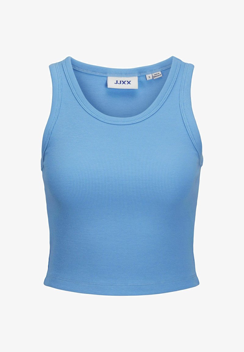 Svetlo modrý rebrovaný crop top s okrúhlym výstrihom a širokými ramienkami. Obsahuje označenie značky vo vnútri goliera.