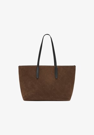 Braune Wildleder-Tasche mit dezentem bedrucktem Textmuster und langen schwarzen Ledergriffen, rechteckige Form und Reißverschluss.