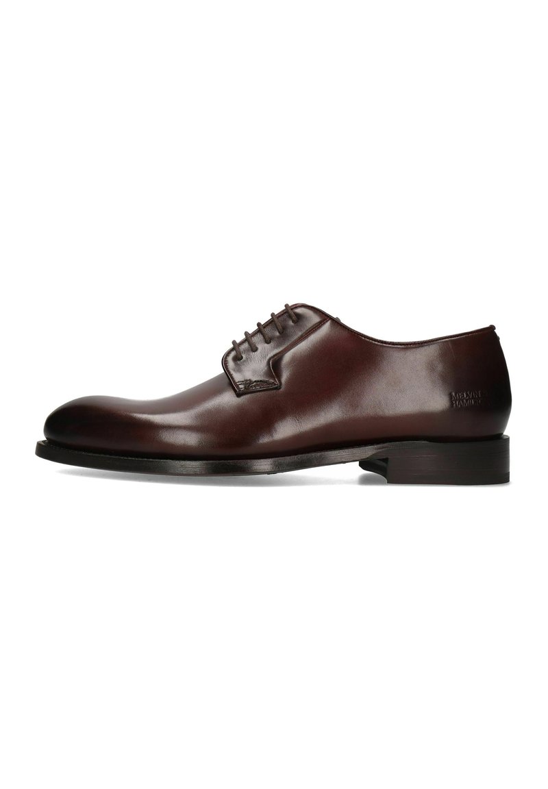 Braune Lederanzugschuhe mit abgerundetem Zeh, dezenten Stickereien und flachem Absatz. Sie besitzen eine glatte Textur und eine minimale Markenkennzeichnung an der Seite.