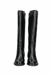 Bottes noires en cuir jusqu'au genou avec une texture lisse, dotées d'une fermeture éclaire latérale et de détails de couture minimes. Semelles en caoutchouc plates pour une meilleure stabilité.